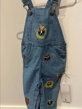 Stella McCartney Chambray Dungarees Embroidered Denim Overalls wild Cats